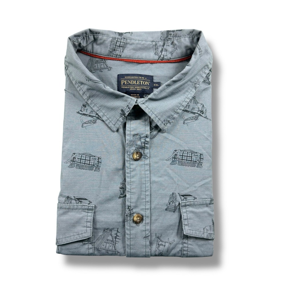 Pendleton Mens Short-Sleeve Riley Ripstop Button-Front Shirt Camping AOP 2XL EUC